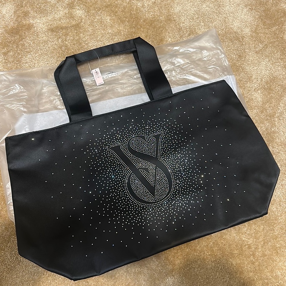 NWT VS RHINESTONE TOTE BAG BLACK CRYSTALS LOGO DUFFLE